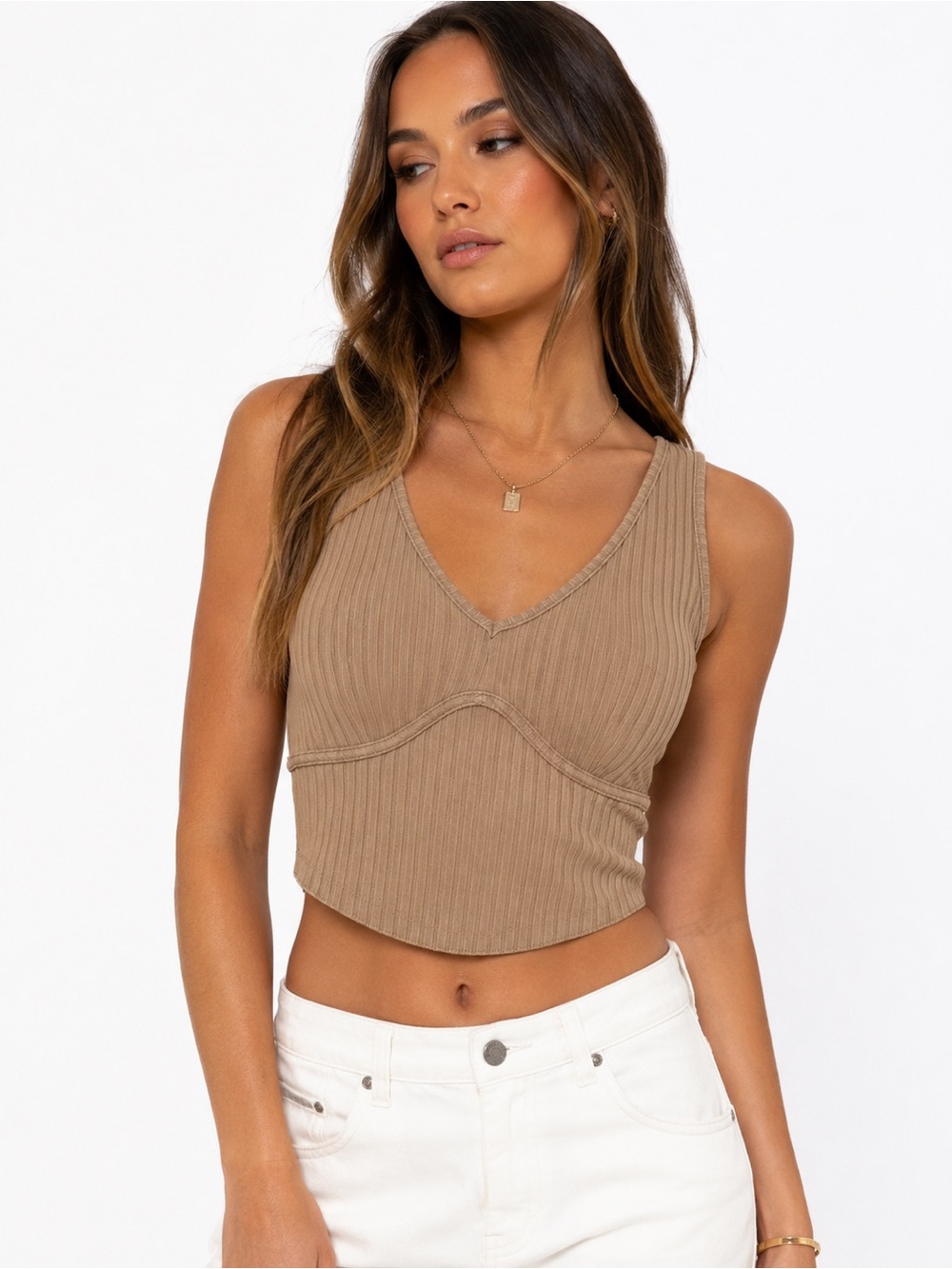 Princess Polly Ribbed Corset Seam Crop Tank Top Brown Size 2 XS